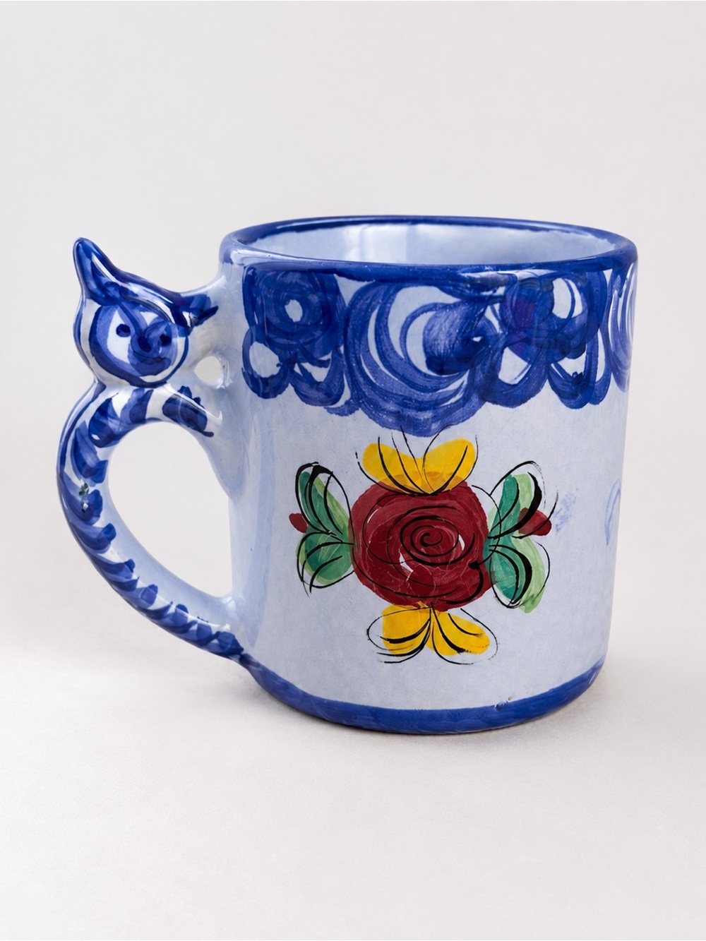 Vintage Vestal Portugal #441 Cat Handle Mug Hand Painted Floral Blue Pottery